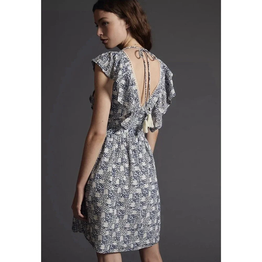 Anthropologie V-Neck Plunge Tunic Mini Blue White Floral Dress Size Medium $148